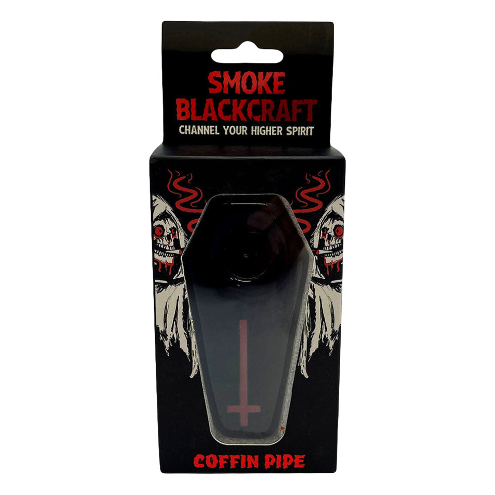 Smoke BlackCraft Coffin Glass Hand Pipe in packaging, front view, borosilicate glass with gothic design