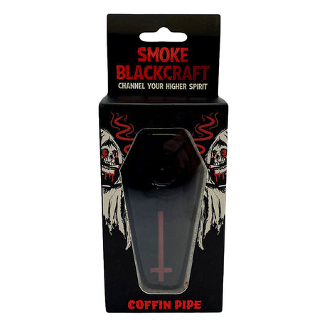 Smoke BlackCraft Coffin Glass Hand Pipe in packaging, front view, borosilicate glass with gothic design