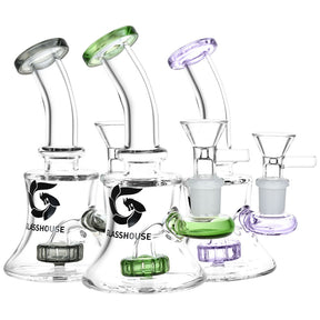 Glasshouse Disc Perc Water Pipes in assorted colors with 14mm female joints, front view