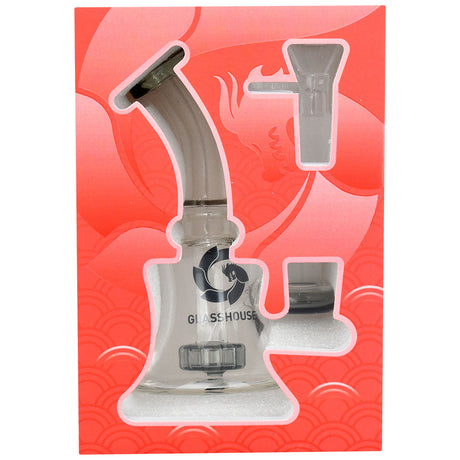 Glasshouse Disc Perc Glass Water Pipe 5.5" in Clear Borosilicate, Front View on Red Background