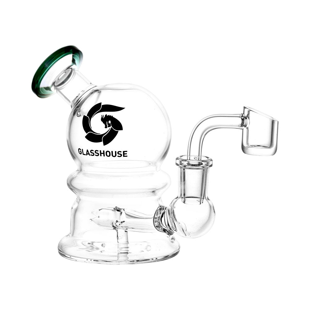 Glasshouse Bubble Glass Dab Rig - 4.5" 14mm Female - Clear with Green Accents, Side View