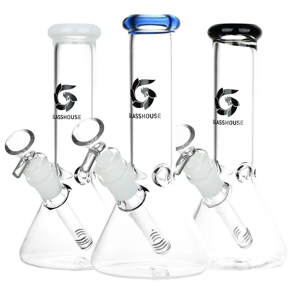 Glass House Pinched Beaker Water Pipes in various colors with 14mm bowls, front view on white background