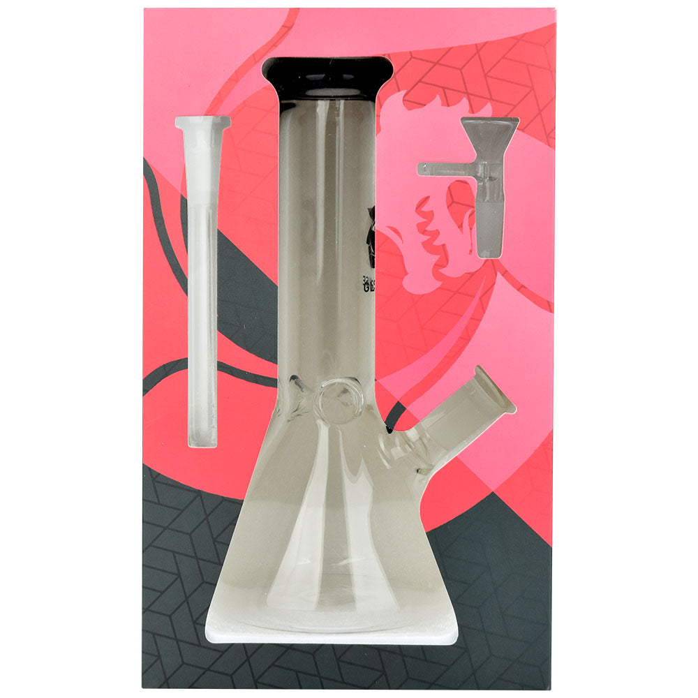 Glass House Pinched Beaker Water Pipe, 7.75" 14mm Female, Front View on Patterned Background