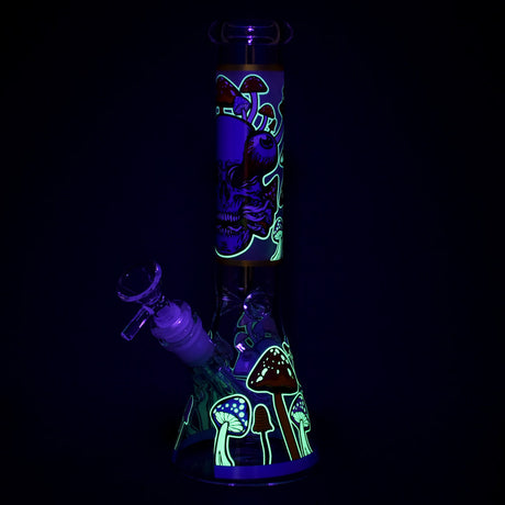Monsters And Shrooms Glow Glass Beaker Water Pipe - 10" with 14mm Female Joint, Front View