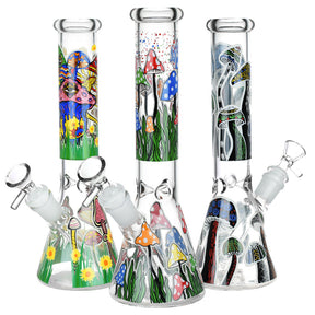Assorted Shrooms Are Watching Glow Glass Beaker Water Pipes with psychedelic mushroom designs, 10" size, 14mm female joint, front view.