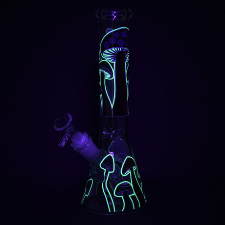 Glow-in-the-dark Shrooms Glass Beaker Water Pipe - 10" with 14mm Female Joint, Front View