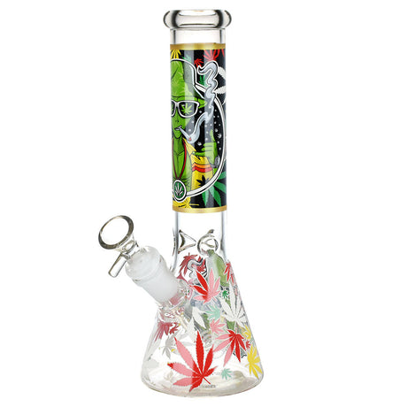 10" Aliens And Hemp Leaves Glow Glass Beaker Water Pipe with 14mm Female Joint - Front View
