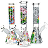 Aliens and Hemp Leaves Glow Glass Beaker Water Pipes, 10" 14mm Female Joint, Various Designs