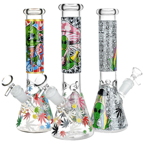 Aliens and Hemp Leaves Glow Glass Beaker Water Pipes, 10" 14mm Female Joint, Various Designs