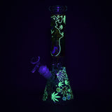 Glowing Aliens and Hemp Leaves Design on 10" Glass Beaker Water Pipe, 14mm Female Joint