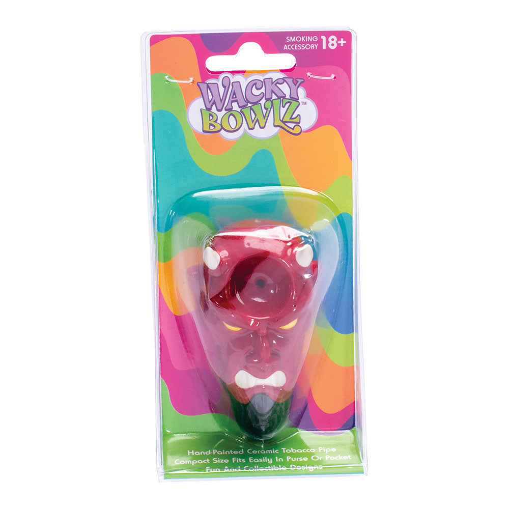 Wacky Bowlz Devil Ceramic Hand Pipe - Front View in Packaging