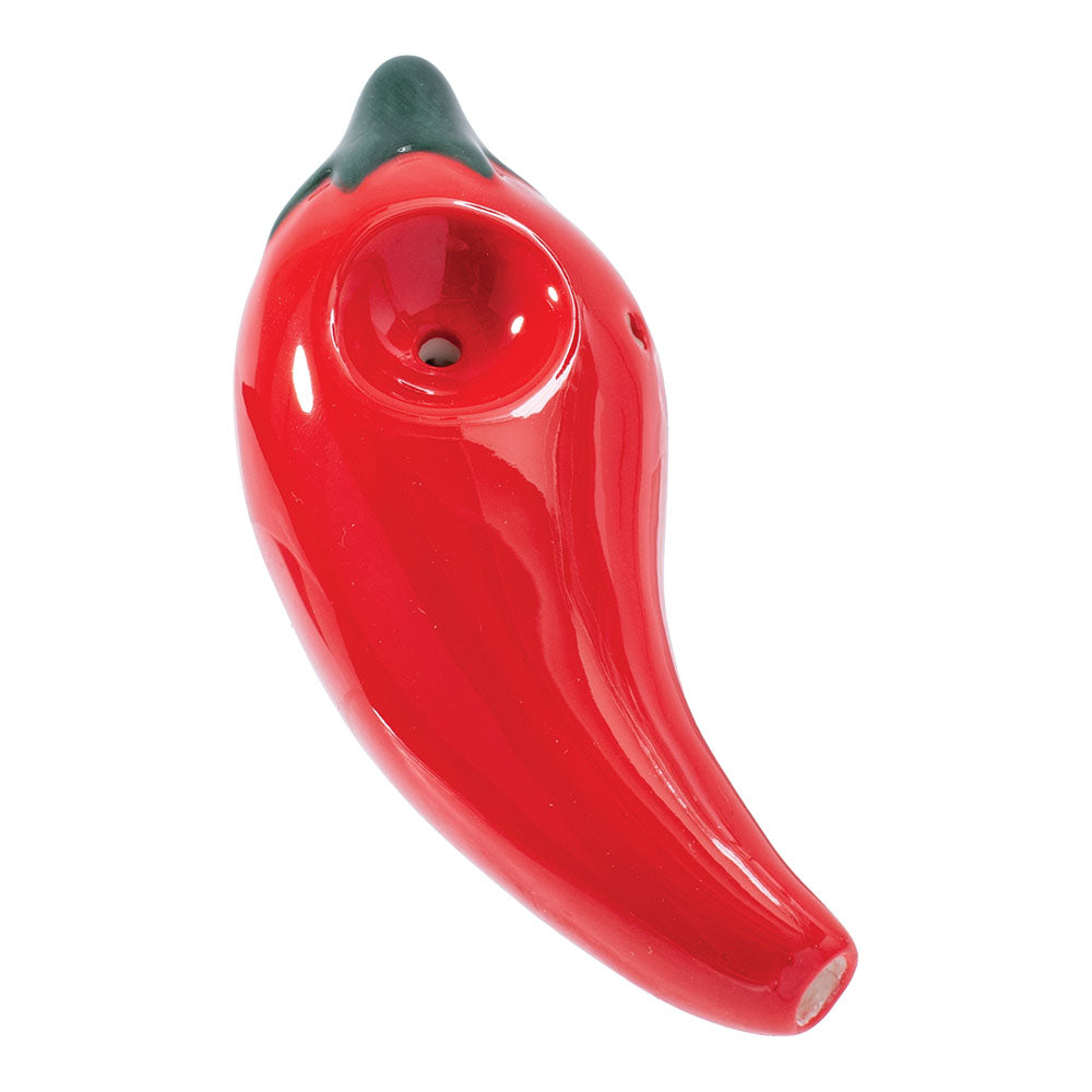 Wacky Bowlz Chili Pepper Ceramic Hand Pipe, 4" Red with Green Accents, Top View