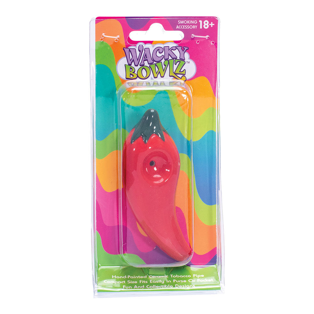 Wacky Bowlz Chili Pepper Ceramic Hand Pipe - 4" Front View in Packaging