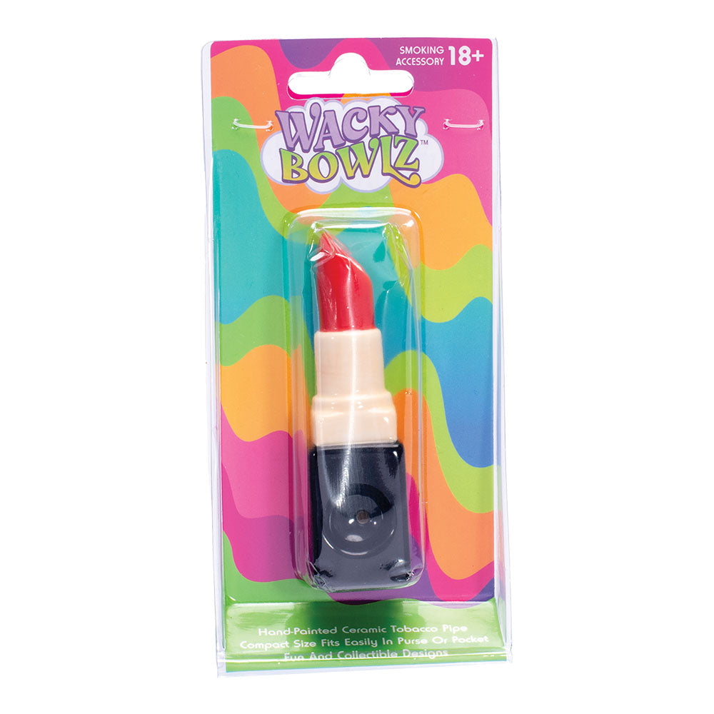 Wacky Bowlz Lipstick Ceramic Hand Pipe - Front View in Packaging, 3.75" Novelty Smoking Accessory