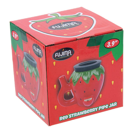 Fujima Strawberry Pipe Jar packaging, featuring ceramic hand pipe design, 3.9" size
