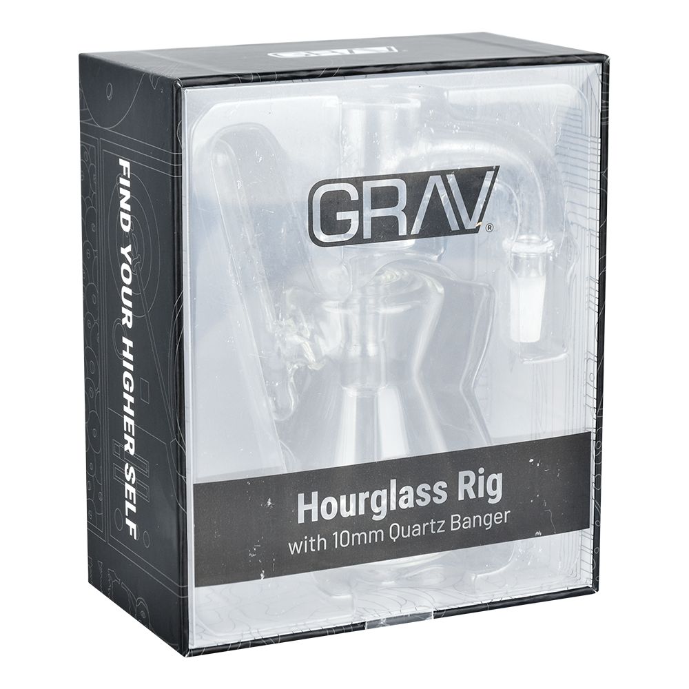 GRAV Hourglass Pocket Dab Rig in box, compact 4" size with quartz banger, splashproof design