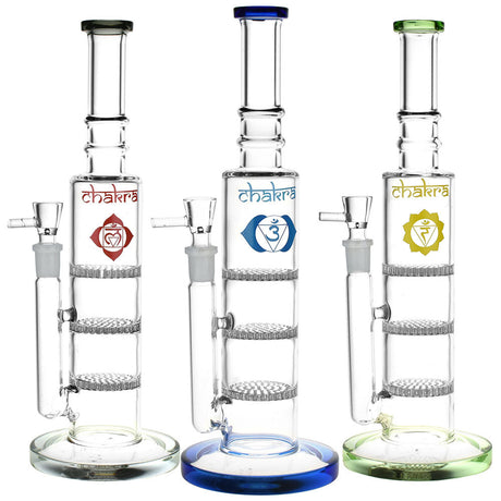 Chakra 12" Honeycomb Perc Glass Water Pipes with 14mm Male Slides in Red, Blue, Green