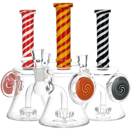 Chakra Enlightenment Swirl Glass Bongs in red, yellow, and black with 14mm male joints - Front View