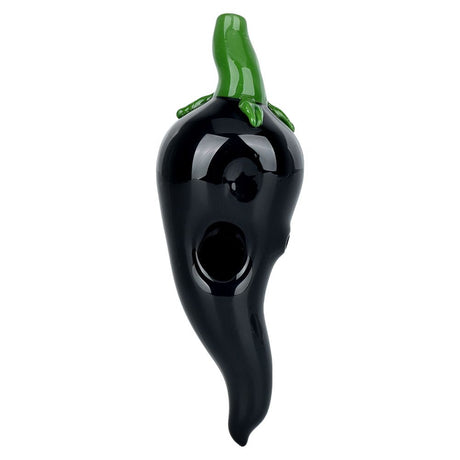 Poblano Problems Hand Pipe in Black with Green Accents - Durable Borosilicate Glass - Front View