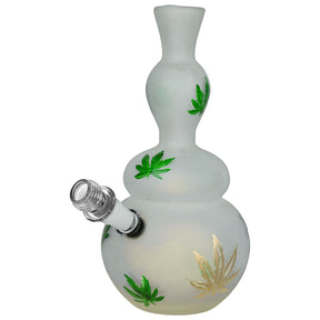 Frosted Soft Glass Water Pipe with Hemp Leaf Design - 9" Front View