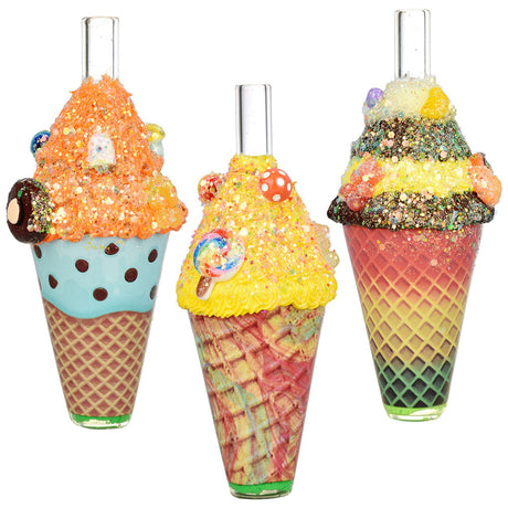 Dabtized Ice Cream Chillum hand pipes in assorted colors, front view, with detailed resin designs