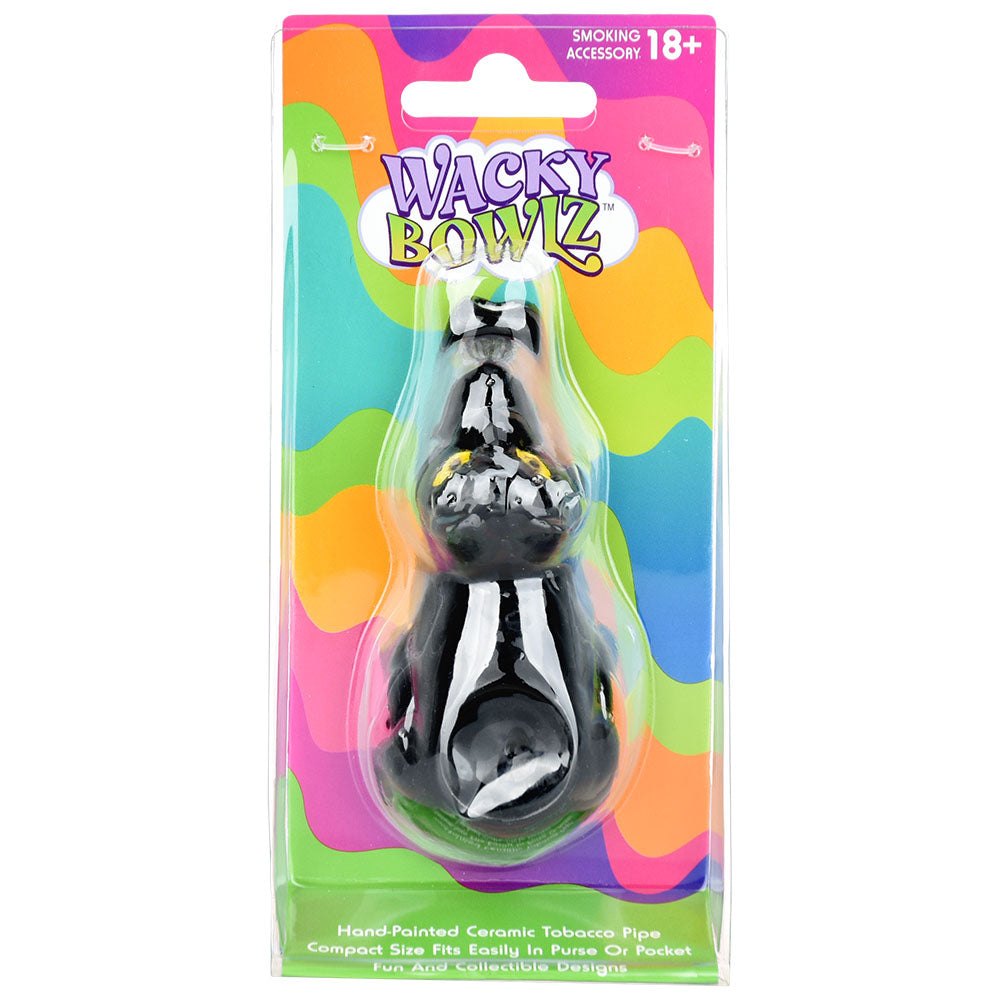 Wacky Bowlz Black Cat Ceramic Hand Pipe - 4" Front View on Colorful Packaging