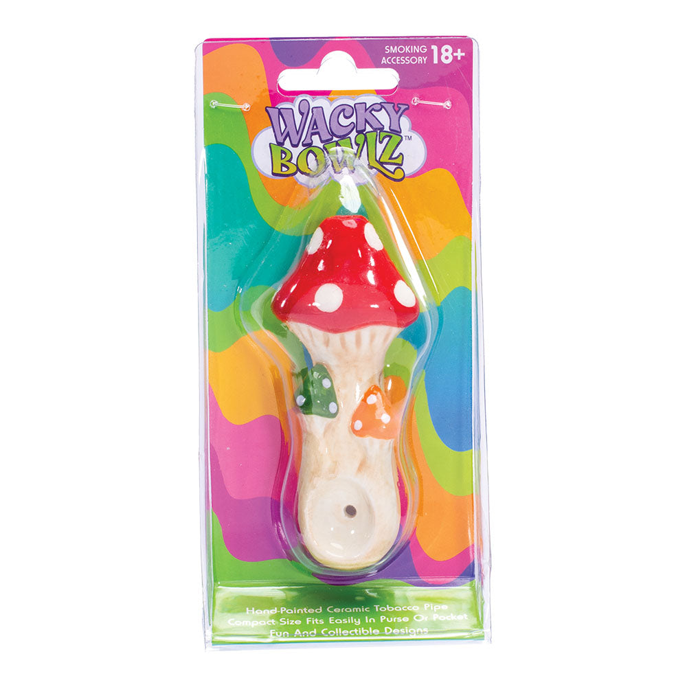 Wacky Bowlz Tri Mushroom Ceramic Pipe - 4" Front View in Packaging