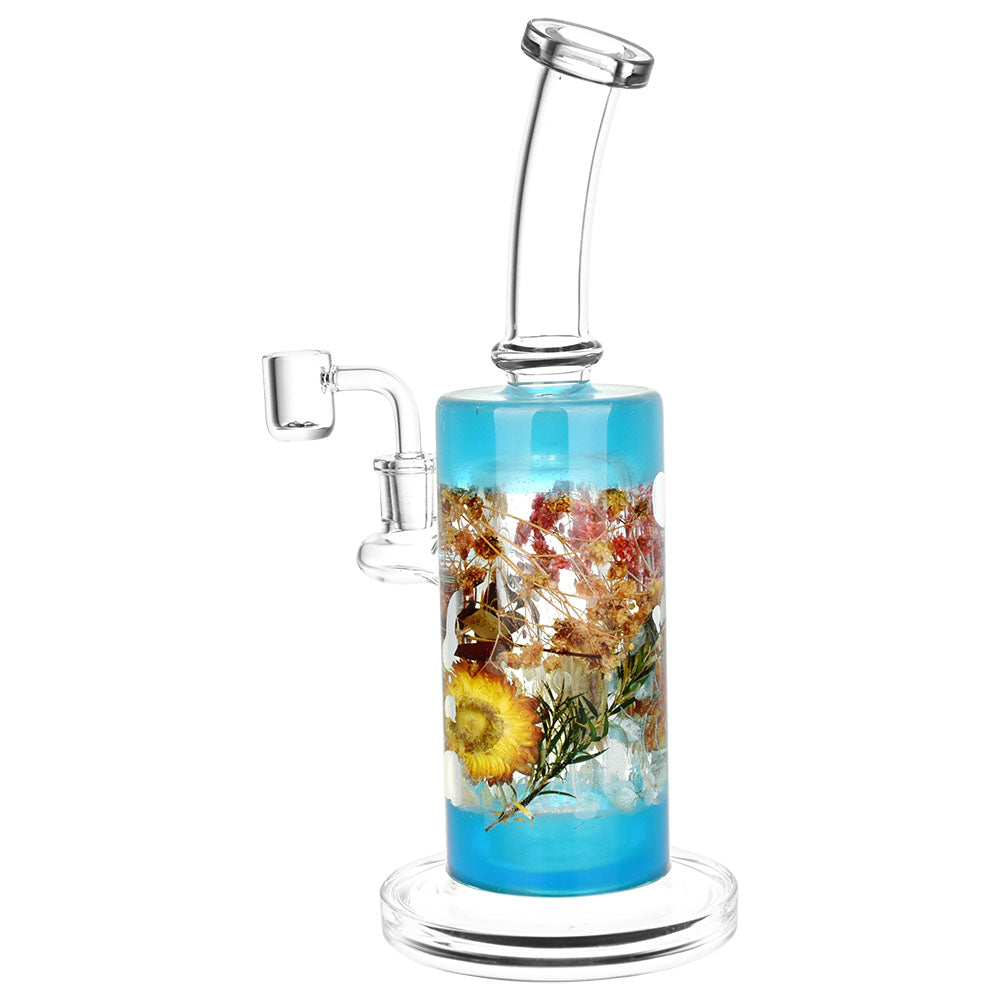 Always Summer Glass Dab Rig with floral design and colored glass, 11" tall, 14mm female joint - front view