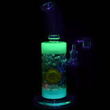 Always Summer Glass Dab Rig glowing in dark, 11" height, 14mm female joint, with intricate flower design