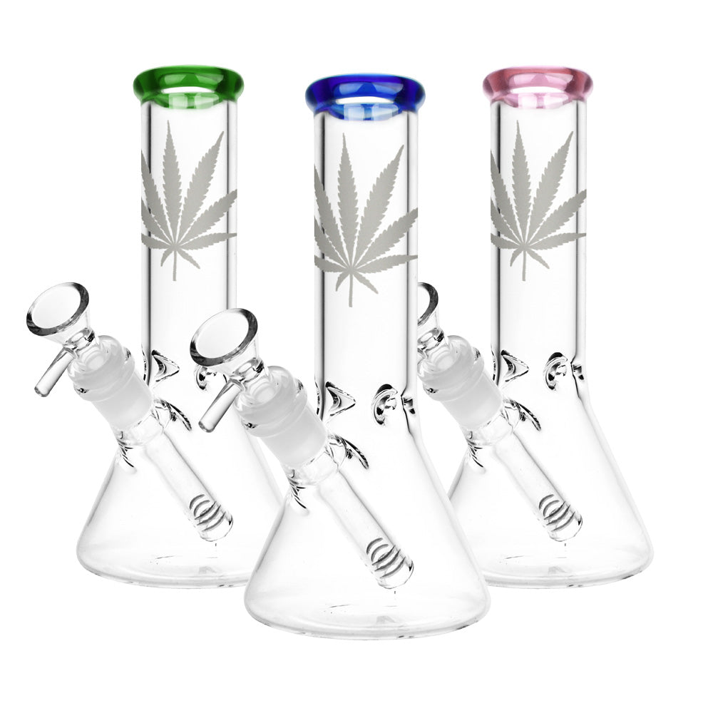 Silver Hemp Leaf Glass Beaker Water Pipe | 14mm F | Colors Vary