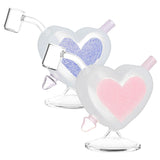 Heart Sparkles Glass Mini Rigs with Quartz Buckets, 10mm Female Joint - Angled and Front Views