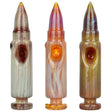 Rapid Fire Bullet Glass Hand Pipes in varied colors, front view on white background