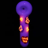 Glowing purple 5" Valentines Hearts Glass Spoon Pipe with 'Love You' text, Borosilicate - Top View