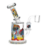 Fungi Eyes Glow In The Dark Glass Dab Rig with colorful mushroom design and quartz bucket - Front View