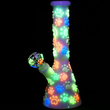 Paws for the Cause Glow in Dark Beaker Water Pipe - 10" Front View with Vibrant Glowing Paws