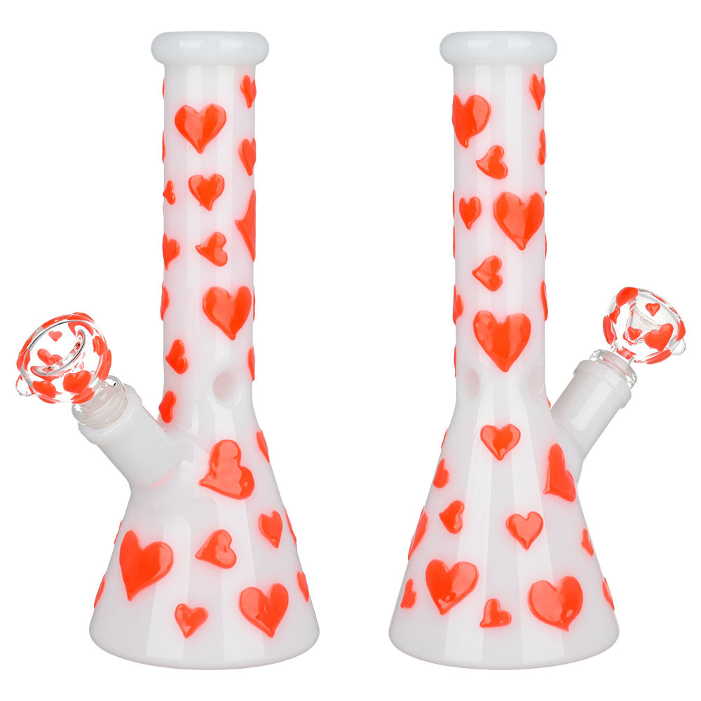 Valentines Day Heart Glow Beaker Water Pipe - 10" 14mm Female Joint - Front and Side Views