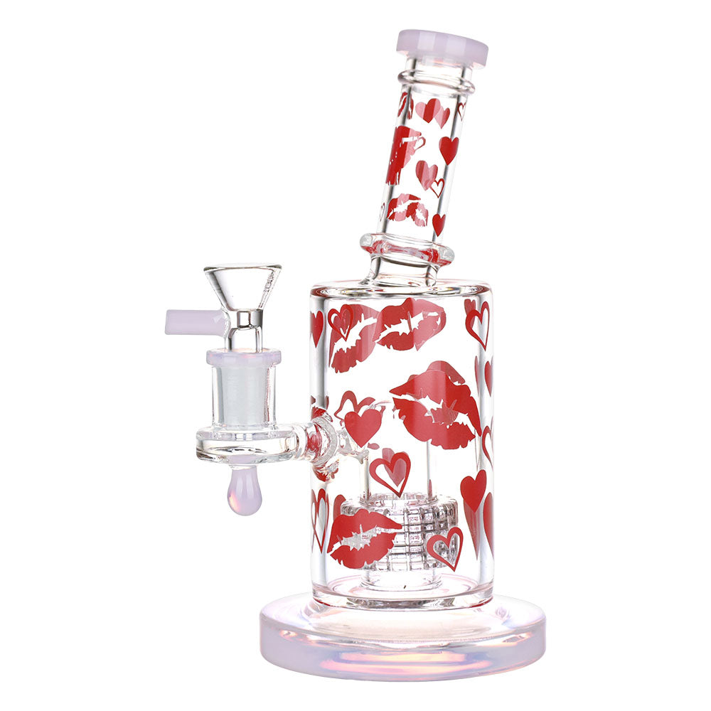 Lipstick Kiss Glass Water Pipe - 8" 14mm Female Joint - Front View with Red Kisses