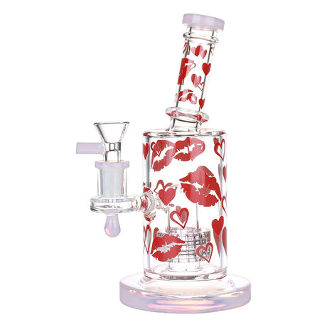 Lipstick Kiss Glass Water Pipe - 8" 14mm Female Joint - Front View with Red Kisses