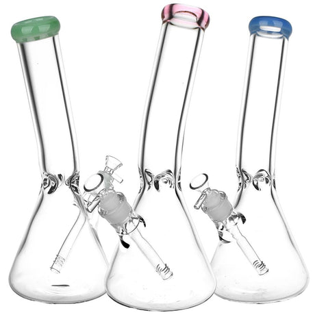 Trio of Classic Bent Neck Beaker Glass Water Pipes with Colored Accents, 14mm Female Joint, Front View