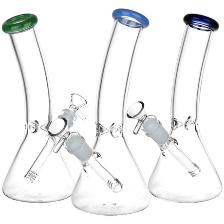 Trio of Classic Bent Neck Beaker Glass Water Pipes with 14mm Female Joint and Colored Accents
