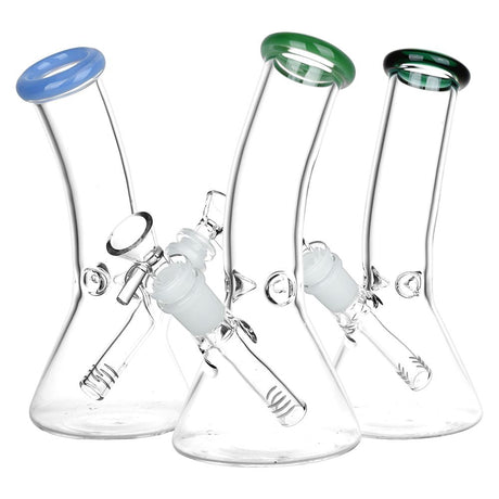 Trio of Classic Bent Neck Beaker Water Pipes with Colored Accents, 14mm Female Joint, Front View