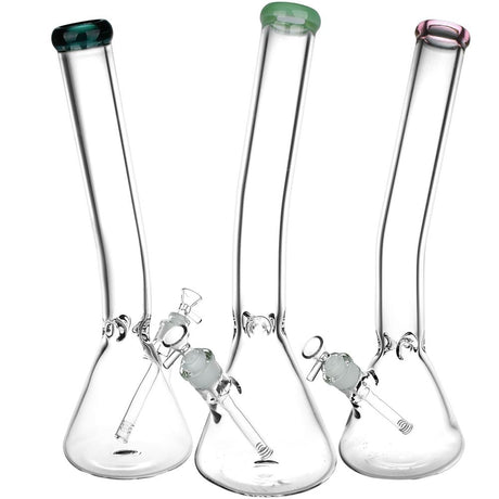 Trio of Bent Neck Beaker Glass Water Pipes with Colored Accents, 14mm Female Joint, Front View