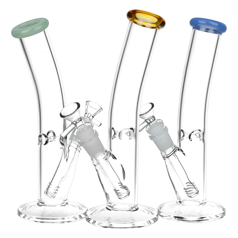 Trio of Bent Neck Straight Tube Glass Water Pipes with 14mm Female Joint and Colored Accents
