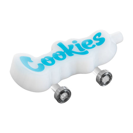 Cookies Toke Deck Glass Hand Pipe in white with blue logo, 4.25" borosilicate, angled view