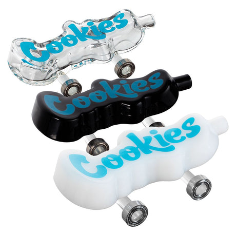 Cookies Toke Deck Glass Hand Pipes in clear, black, and white with blue logo, top view
