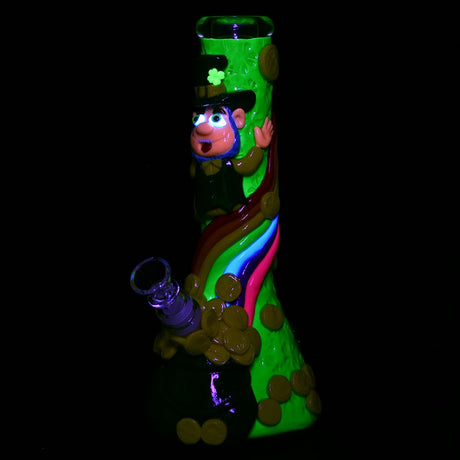 St. Patrick's Day themed glow in the dark water pipe with pot of gold design, 10" tall, 14mm front view