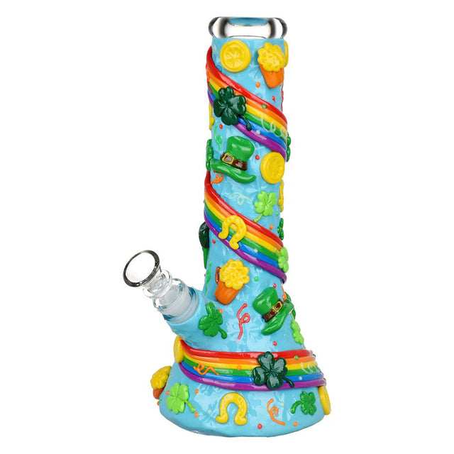 St. Patrick's Day themed glow in the dark water pipe with colorful rainbows and gold accents, 10" tall, front view