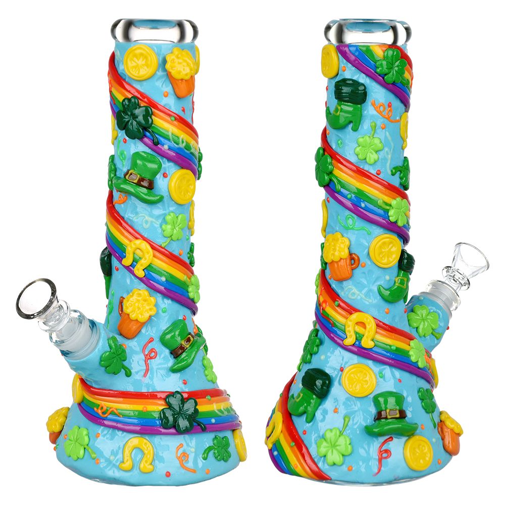 St. Patrick's Day Themed Glow in the Dark Water Pipe with Rainbow and Gold Accents - 10" 14mm Female