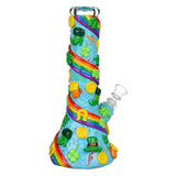 St. Patrick's Day themed glow-in-the-dark water pipe with rainbow and gold accents, 10" tall, 14mm front view