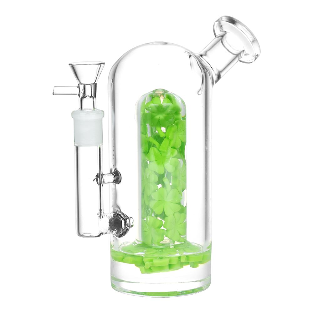 Lucky Clover Glass Water Pipe - 7.75" with 14mm Female Joint, Borosilicate Glass, Front View